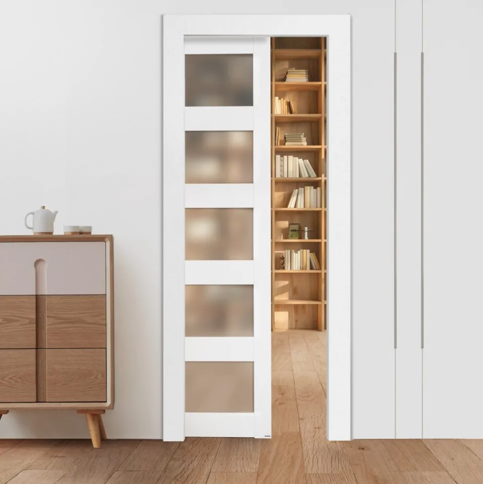 VEVOR Sliding Pocket Door, 30" x 80", 5-Lite Frosted Glass Single Sliding Door with Hardware Kit, Sturdy Solid Wood & MDF Pocket Doors Slab with Waterproof Surface for Bedroom Kitchen Study Room