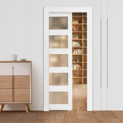 VEVOR Sliding Pocket Door, 36" x 80", 5-Lite Frosted Glass Single Sliding Door with Hardware Kit, Sturdy Solid Wood & MDF Pocket Doors Slab with Waterproof Surface for Bedroom Kitchen Study Room