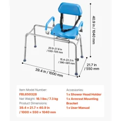 VEVOR Sliding Shower Chair, 330 lbs Tub Transfer Bench for Bathtub with Swivel Seat, Padded Shower Bench with Pivoting Arms and Backrest, Height Adjustable for Handicap, Seniors, Elderly and Disabled