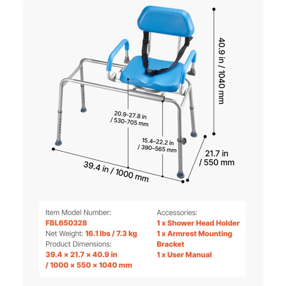 VEVOR Sliding Shower Chair, 330 lbs Tub Transfer Bench for Bathtub with Swivel Seat, Padded Shower Bench with Pivoting Arms and Backrest, Height Adjustable for Handicap, Seniors, Elderly and Disabled