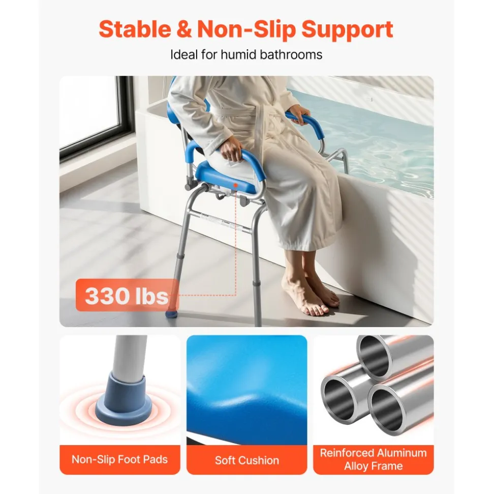 VEVOR Sliding Shower Chair, 330 lbs Tub Transfer Bench for Bathtub with Swivel Seat, Padded Shower Bench with Pivoting Arms and Backrest, Height Adjustable for Handicap, Seniors, Elderly and Disabled