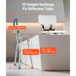 VEVOR Sliding Shower Chair, 400 lbs Capacity Tub Transfer Bench for Bathtub, Heavy Duty Shower Bench with Arms and Backrest, Height Adjustable Seat for Handicap, Adults, Seniors, Elderly and Disabled