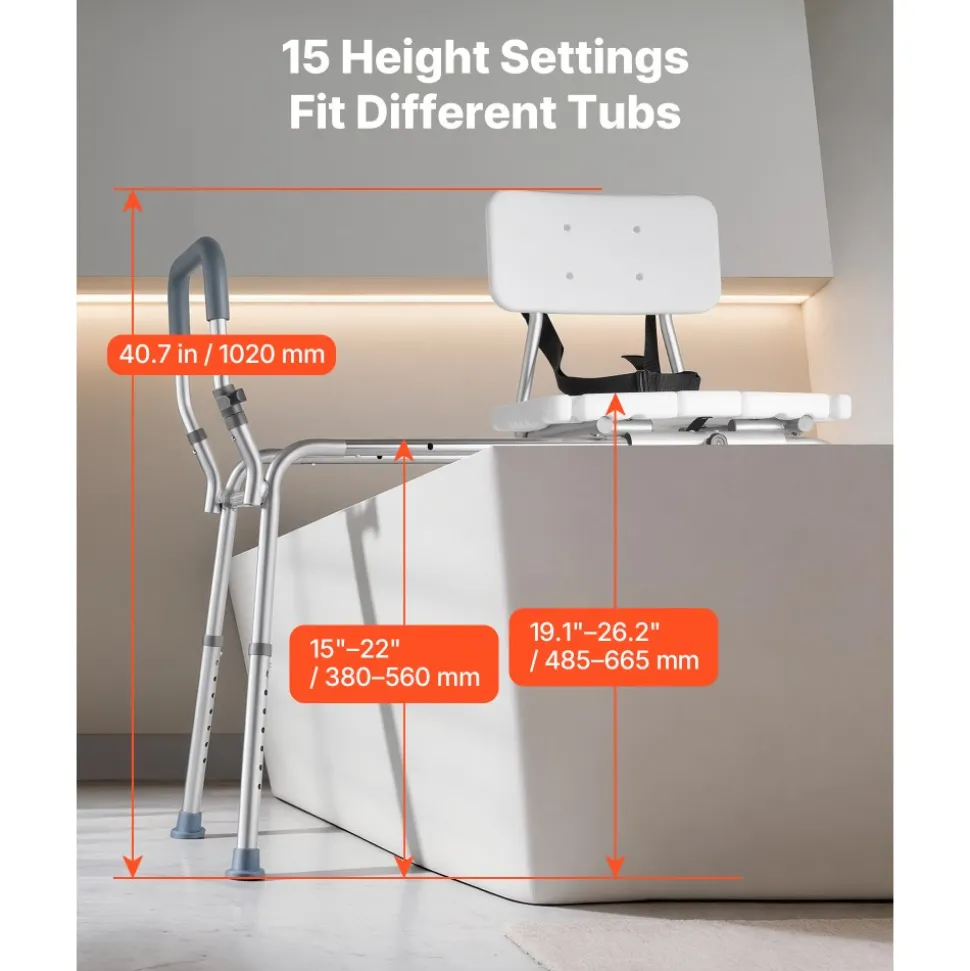 VEVOR Sliding Shower Chair, 400 lbs Capacity Tub Transfer Bench for Bathtub, Heavy Duty Shower Bench with Arms and Backrest, Height Adjustable Seat for Handicap, Adults, Seniors, Elderly and Disabled