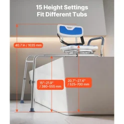 VEVOR Sliding Shower Chair, 400 lbs Tub Transfer Bench for Bathtub with Swivel Seat, Padded Shower Bench with Arms and Backrest, Height Adjustable for Handicap, Adults, Seniors, Elderly and Disabled