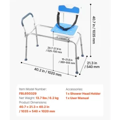 VEVOR Sliding Shower Chair, 400 lbs Tub Transfer Bench for Bathtub with Swivel Seat, Padded Shower Bench with Arms and Backrest, Height Adjustable for Handicap, Adults, Seniors, Elderly and Disabled