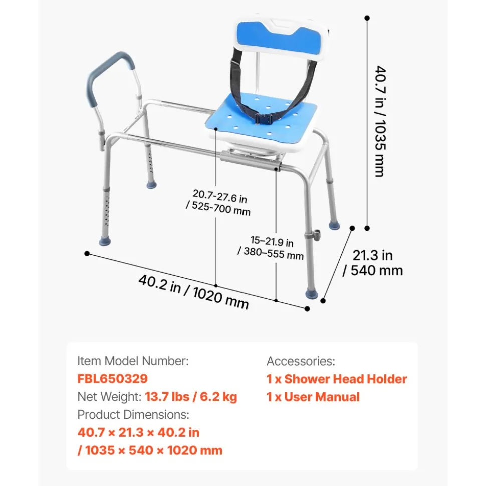 VEVOR Sliding Shower Chair, 400 lbs Tub Transfer Bench for Bathtub with Swivel Seat, Padded Shower Bench with Arms and Backrest, Height Adjustable for Handicap, Adults, Seniors, Elderly and Disabled