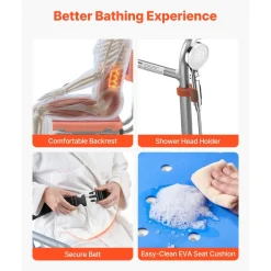 VEVOR Sliding Shower Chair, 400 lbs Tub Transfer Bench for Bathtub with Swivel Seat, Padded Shower Bench with Arms and Backrest, Height Adjustable for Handicap, Adults, Seniors, Elderly and Disabled