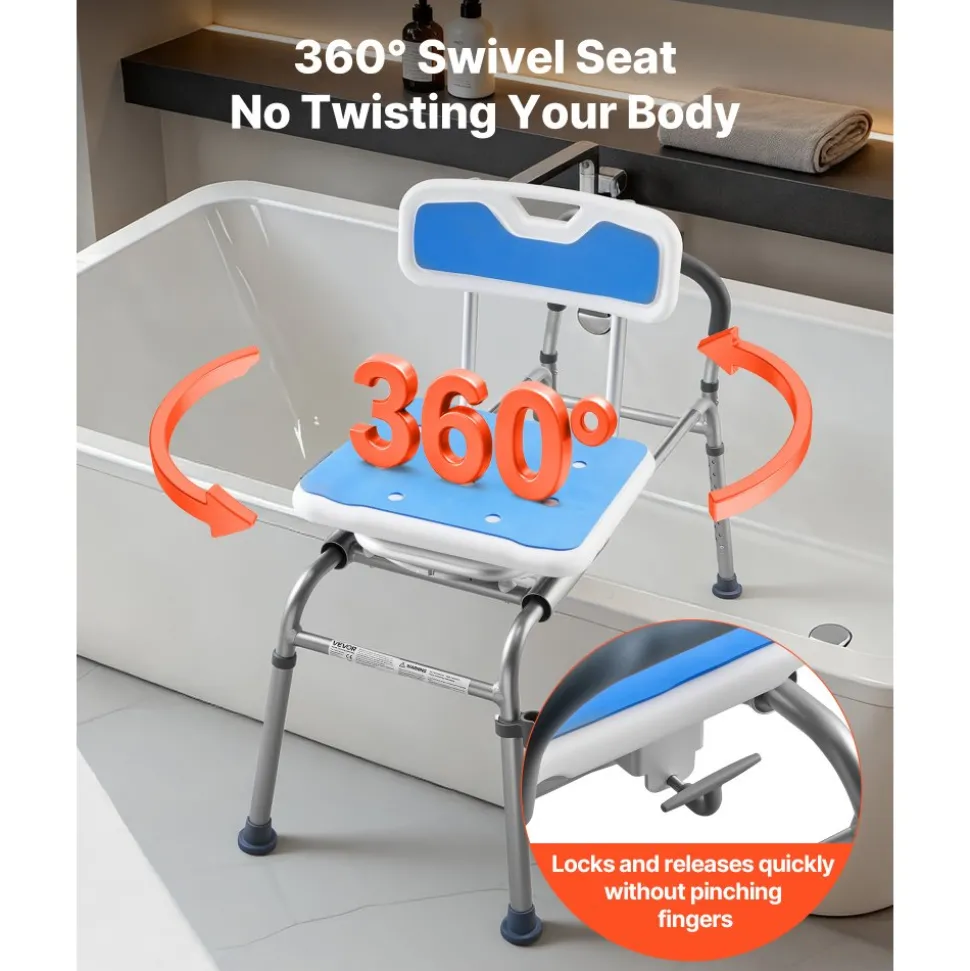 VEVOR Sliding Shower Chair, 400 lbs Tub Transfer Bench for Bathtub with Swivel Seat, Padded Shower Bench with Arms and Backrest, Height Adjustable for Handicap, Adults, Seniors, Elderly and Disabled