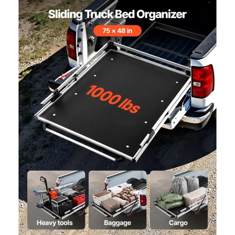 VEVOR Sliding Truck Bed Organizer, 75 x 48-Inch Heavy Duty Truck Bed Storage Drawer with 1000 lbs Capacity, Features 6 Movable Rings for Securing, 2-Postion Slide out Tray for Pickup Trucks, Black