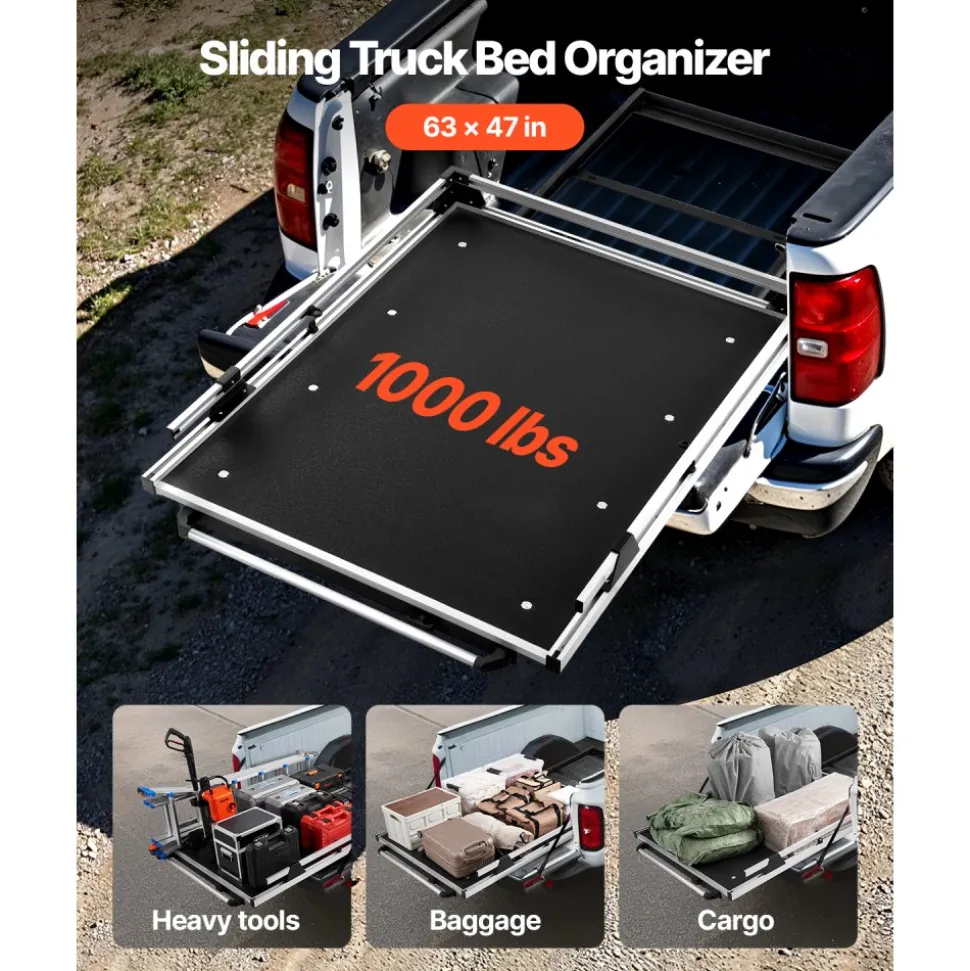 VEVOR Sliding Truck Bed Organizer, 63 x 47-Inch Heavy Duty Truck Bed Storage Drawer with 1000 lbs Capacity, Features 6 Movable Rings for Securing, 2-Postion Slide out Tray for Pickup Trucks, Black