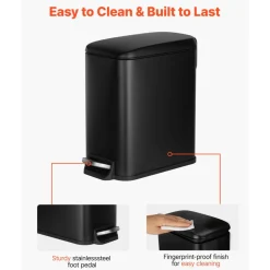 VEVOR Slim Bathroom Trash Can, 11.4 x 5.71 x 10.7 Inch Small Bedroom Trashcan with Step Pedal & Soft Close Lid, 6L Steel Garbage Can with Detachable Inner Bin, for Kitchen, Home, Dorm, Office, Black