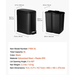 VEVOR Slim Bathroom Trash Can, 11.4 x 5.71 x 10.7 Inch Small Bedroom Trashcan with Step Pedal & Soft Close Lid, 6L Steel Garbage Can with Detachable Inner Bin, for Kitchen, Home, Dorm, Office, Black
