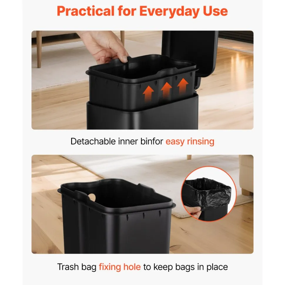 VEVOR Slim Bathroom Trash Can, 11.4 x 5.71 x 10.7 Inch Small Bedroom Trashcan with Step Pedal & Soft Close Lid, 6L Steel Garbage Can with Detachable Inner Bin, for Kitchen, Home, Dorm, Office, Black