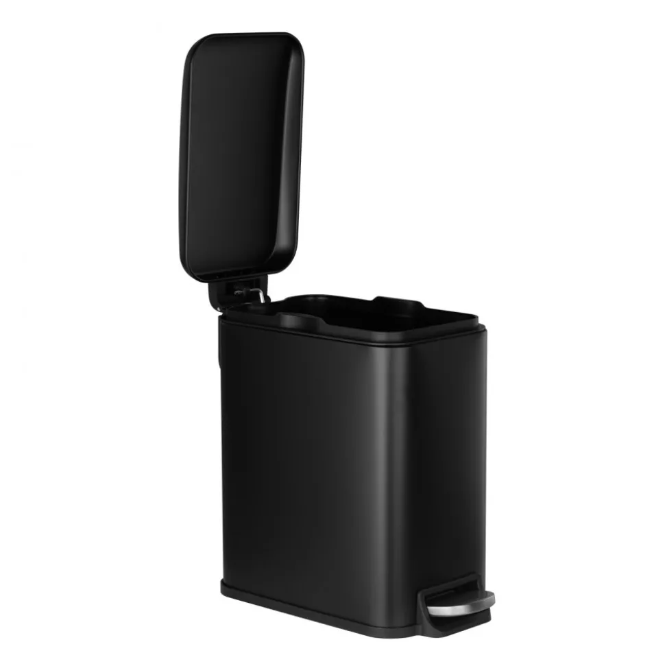 VEVOR Slim Bathroom Trash Can, 11.4 x 5.71 x 10.7 Inch Small Bedroom Trashcan with Step Pedal & Soft Close Lid, 6L Steel Garbage Can with Detachable Inner Bin, for Kitchen, Home, Dorm, Office, Black