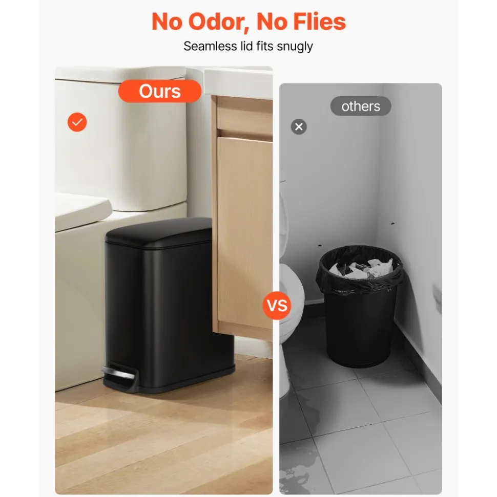 VEVOR Slim Bathroom Trash Can, 11.4 x 5.71 x 10.7 Inch Small Bedroom Trashcan with Step Pedal & Soft Close Lid, 6L Steel Garbage Can with Detachable Inner Bin, for Kitchen, Home, Dorm, Office, Black