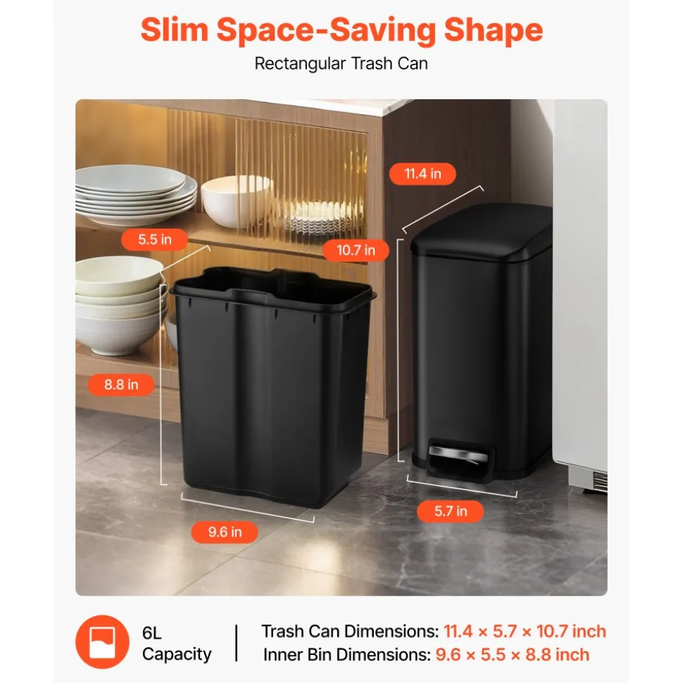 VEVOR Slim Bathroom Trash Can, 11.4 x 5.71 x 10.7 Inch Small Bedroom Trashcan with Step Pedal & Soft Close Lid, 6L Steel Garbage Can with Detachable Inner Bin, for Kitchen, Home, Dorm, Office, Black