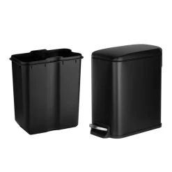 VEVOR Slim Bathroom Trash Can, 11.4 x 5.71 x 10.7 Inch Small Bedroom Trashcan with Step Pedal & Soft Close Lid, 6L Steel Garbage Can with Detachable Inner Bin, for Kitchen, Home, Dorm, Office, Black