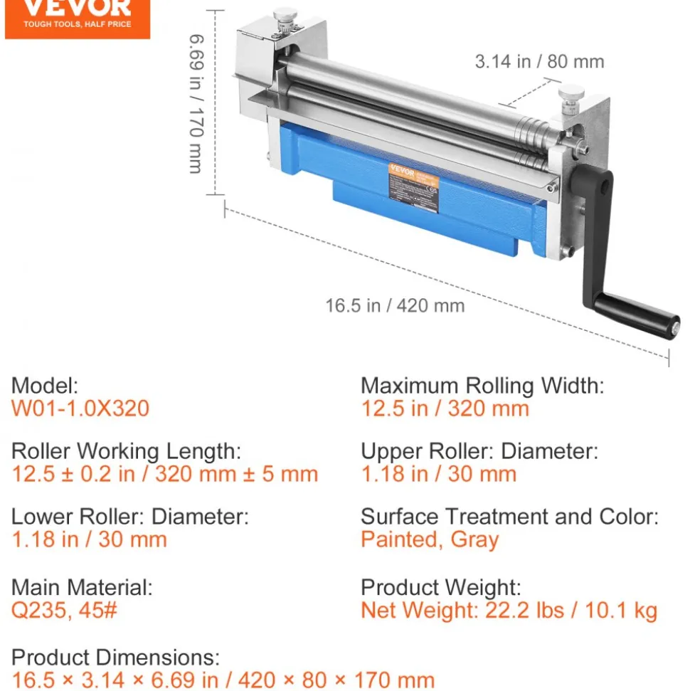 VEVOR Slip Roll Machine, 12.6 inches Forming Width in 20 Gauge Capacity, Sheet Metal Slip Roller Rolling Bending Machine, with 2 Detachable Rollers for Low Carbon Steel Copper Aluminum Alloy Sheet