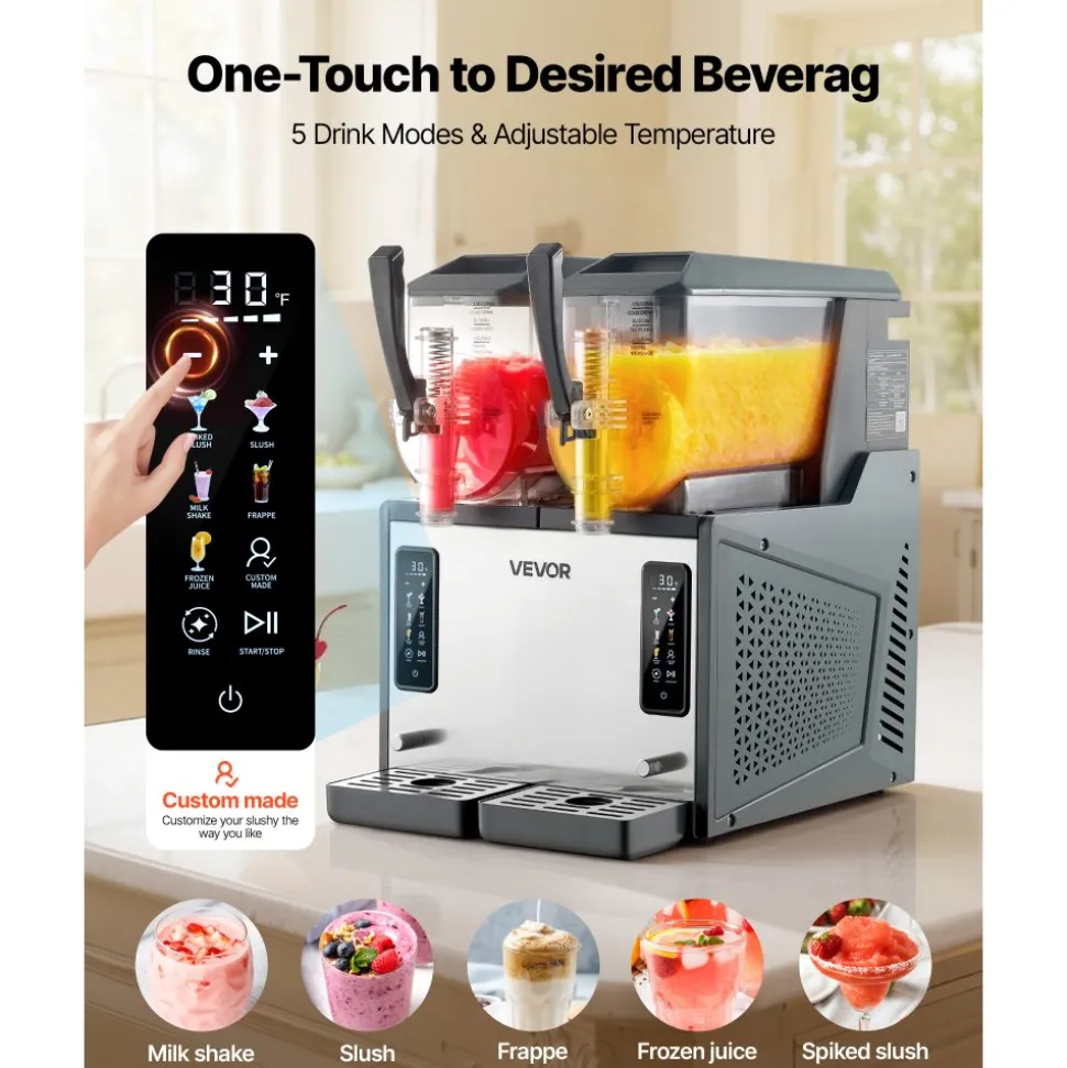 VEVOR Slushie Machine, 4L/135oz x 2 Tank Slushy Machine for Home, No Ice Needed Frozen Drink Maker, Margarita Maker with Self-Cleaning, for Frozen Margaritas, Frappés, Milkshake & More