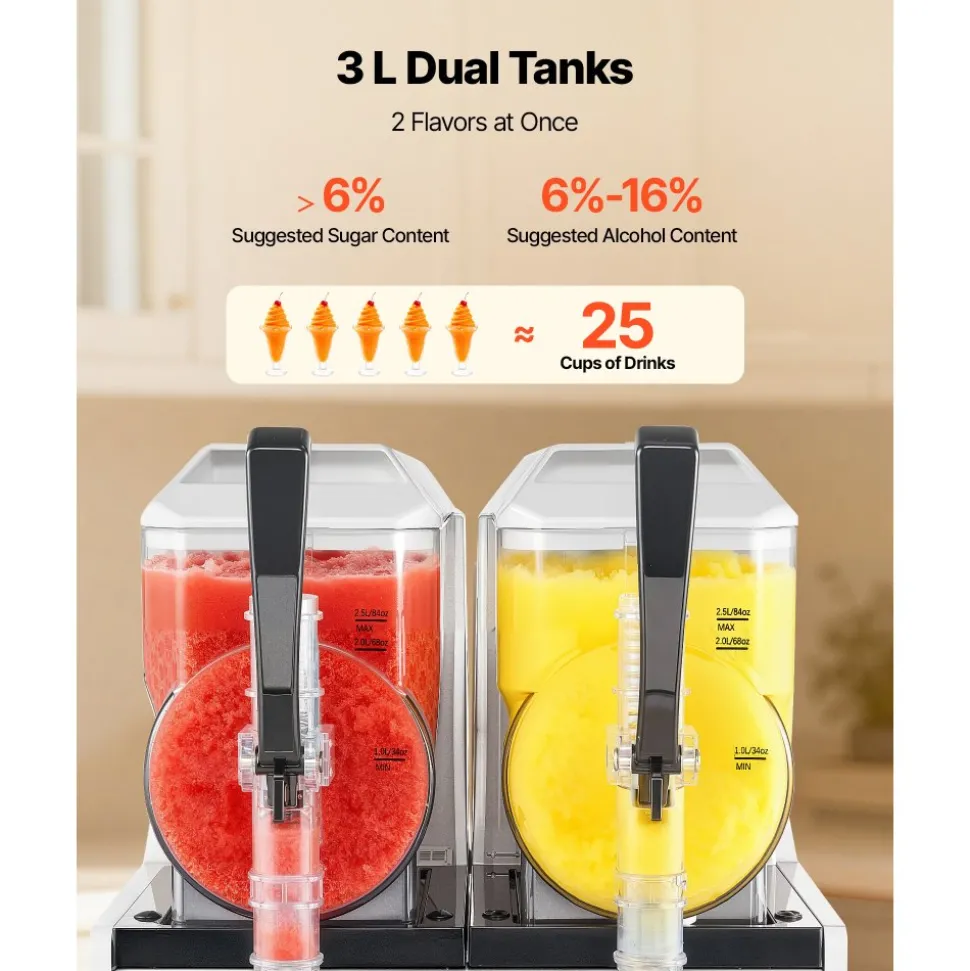 VEVOR Slushie Machine, 3L/100oz x 2 Tank Slushy Machine for Home, No Ice Needed Frozen Drink Maker, Margarita Maker with Self-Cleaning, for Frozen Margaritas, Frappés, Milkshake & More