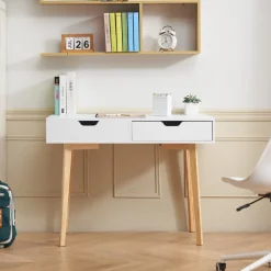 VEVOR Small Desk with Drawers, Kids Desk for Bedroom, Wooden Simple Study Table for Drawing, Reading, Writing, Rectangle MDF Furniture Study Storage Table for Home, Office, White + Wood