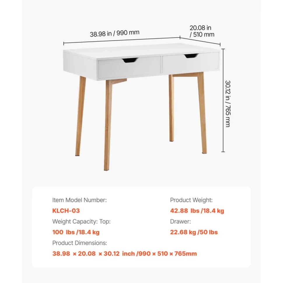 VEVOR Small Desk with Drawers, Kids Desk for Bedroom, Wooden Simple Study Table for Drawing, Reading, Writing, Rectangle MDF Furniture Study Storage Table for Home, Office, White + Wood