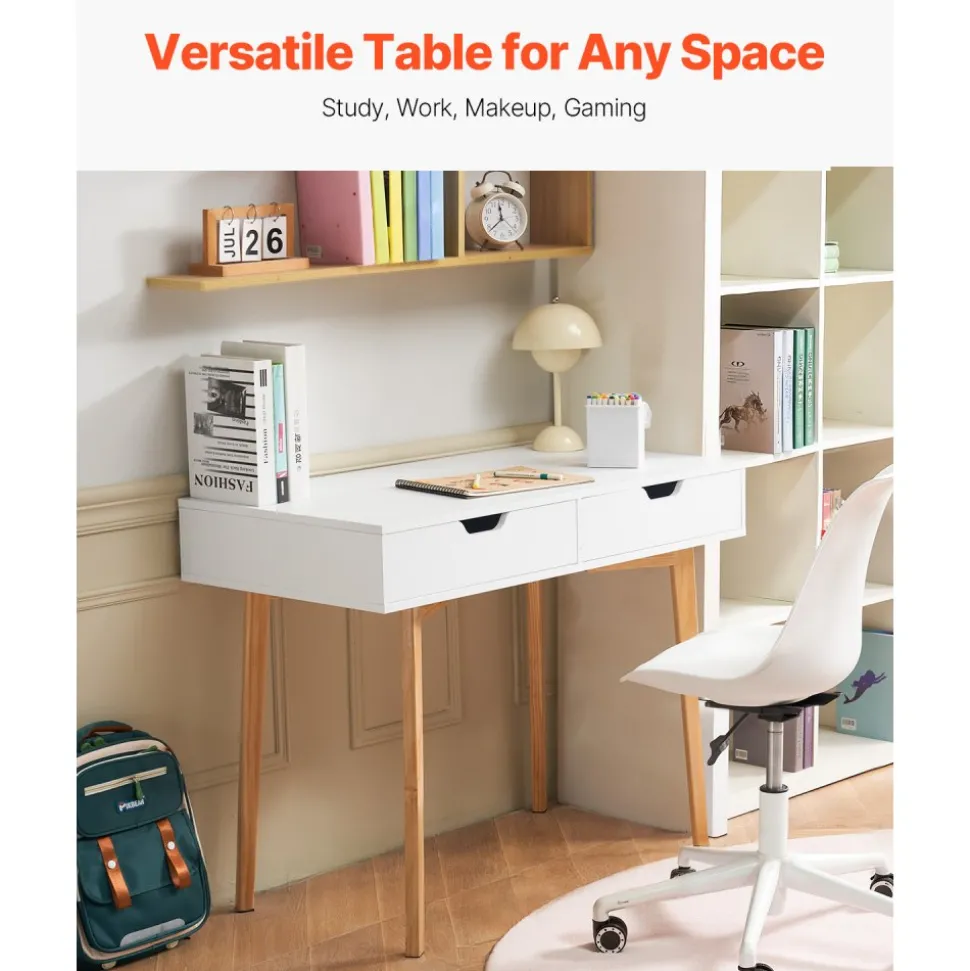 VEVOR Small Desk with Drawers, Kids Desk for Bedroom, Wooden Simple Study Table for Drawing, Reading, Writing, Rectangle MDF Furniture Study Storage Table for Home, Office, White + Wood