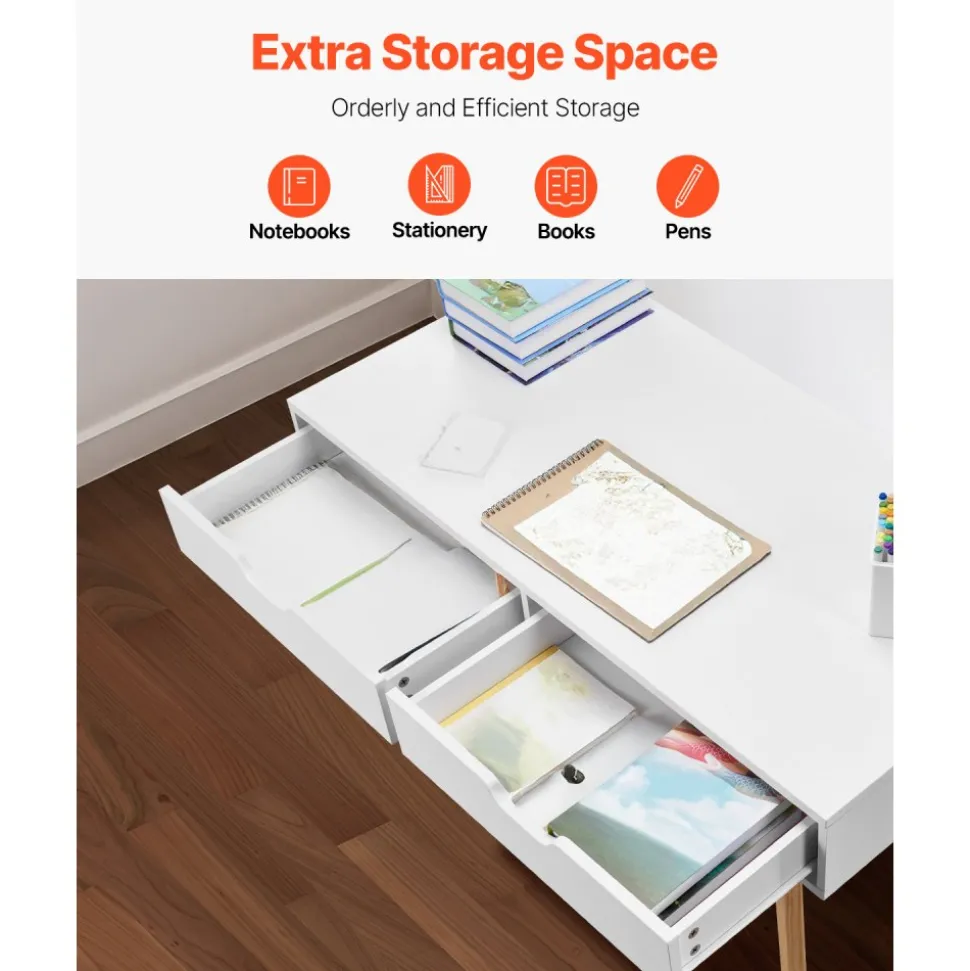 VEVOR Small Desk with Drawers, Kids Desk for Bedroom, Wooden Simple Study Table for Drawing, Reading, Writing, Rectangle MDF Furniture Study Storage Table for Home, Office, White + Wood
