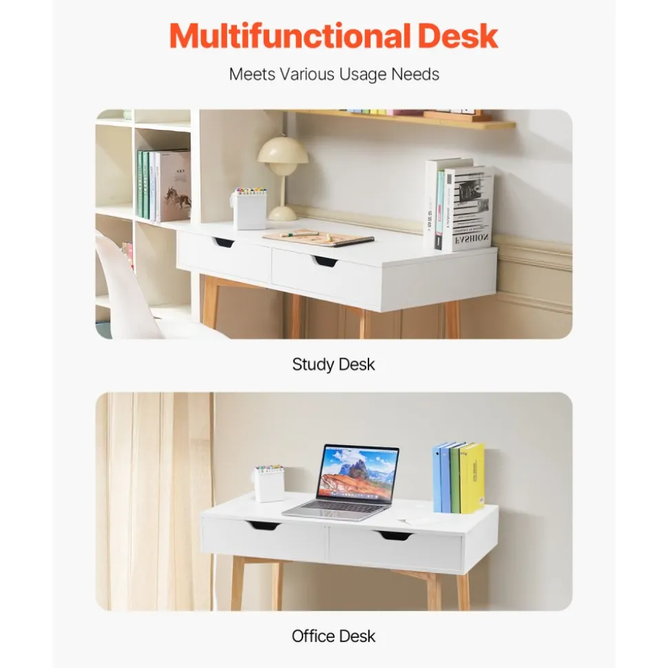 VEVOR Small Desk with Drawers, Kids Desk for Bedroom, Wooden Simple Study Table for Drawing, Reading, Writing, Rectangle MDF Furniture Study Storage Table for Home, Office, White + Wood