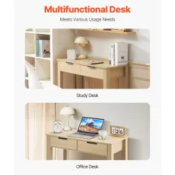VEVOR Small Desk with Drawers, Kids Desk for Bedroom, Modern Simple Study Table for Drawing, Reading, Writing, Rectangle MDF Furniture Study Storage Table for Home, Office, Light Wood