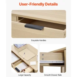 VEVOR Small Desk with Drawers, Kids Desk for Bedroom, Modern Simple Study Table for Drawing, Reading, Writing, Rectangle MDF Furniture Study Storage Table for Home, Office, Light Wood