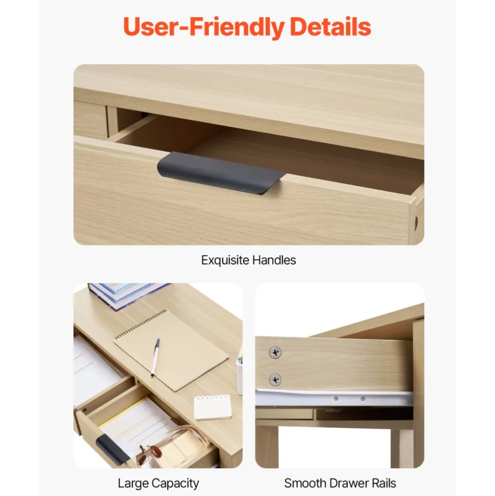 VEVOR Small Desk with Drawers, Kids Desk for Bedroom, Modern Simple Study Table for Drawing, Reading, Writing, Rectangle MDF Furniture Study Storage Table for Home, Office, Light Wood