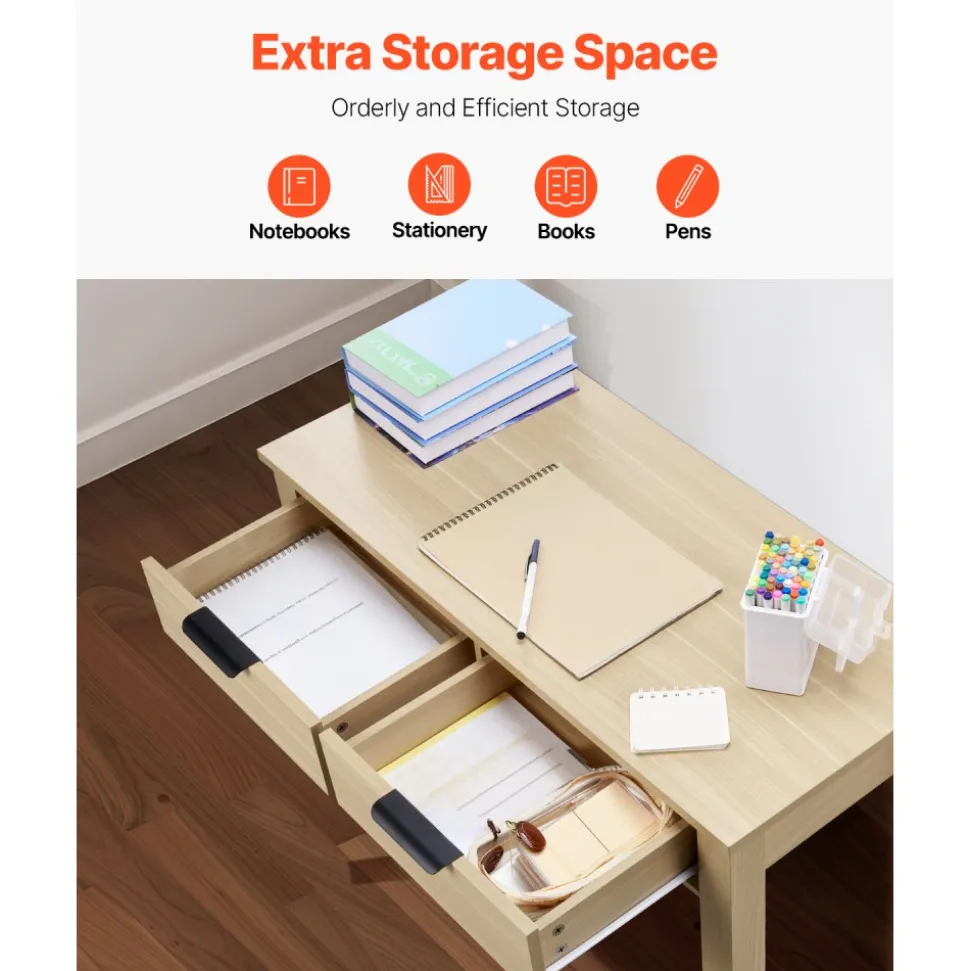 VEVOR Small Desk with Drawers, Kids Desk for Bedroom, Modern Simple Study Table for Drawing, Reading, Writing, Rectangle MDF Furniture Study Storage Table for Home, Office, Light Wood