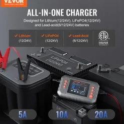 VEVOR Smart Battery Charger, 20-Amp, Lithium LiFePO4 Lead-Acid (AGM / Gel / SLA) Car Battery Charger with LCD Display, Trickle Charger Maintainer Desulfator for Boat Motorcycle Lawn Mower Deep Cycle