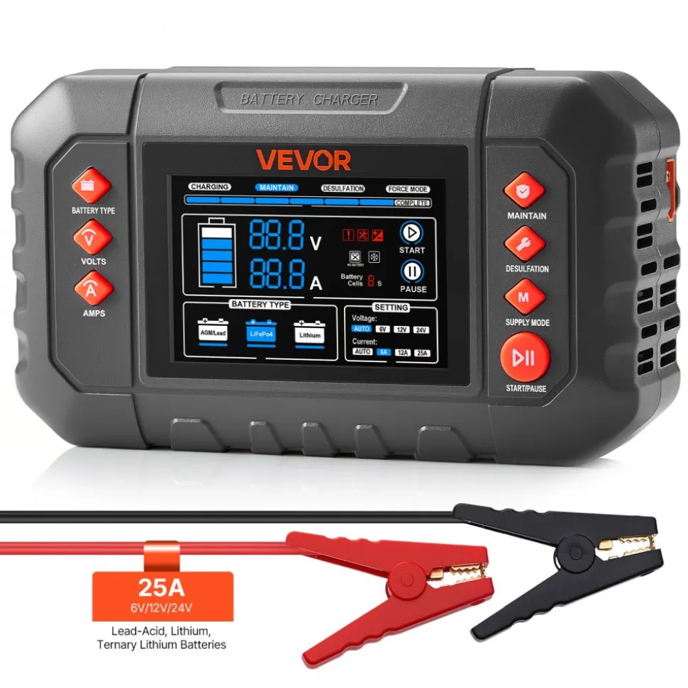 VEVOR Smart Battery Charger, 20A, 6V 12V 24V Lithium LiFePO4 Lead-Acid (Gel/AGM) Car Battery Charger, with LCD Display, Trickle Charging Maintainer Desulfator, for Car, Boat, Motorcycle, Lawn Mowers