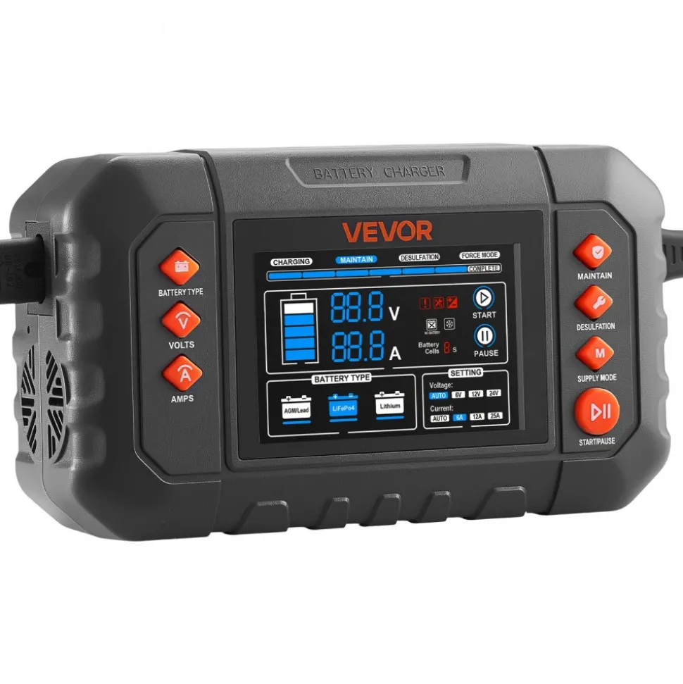 VEVOR Smart Battery Charger, 20A, 6V 12V 24V Lithium LiFePO4 Lead-Acid (Gel/AGM) Car Battery Charger, with LCD Display, Trickle Charging Maintainer Desulfator, for Car, Boat, Motorcycle, Lawn Mowers