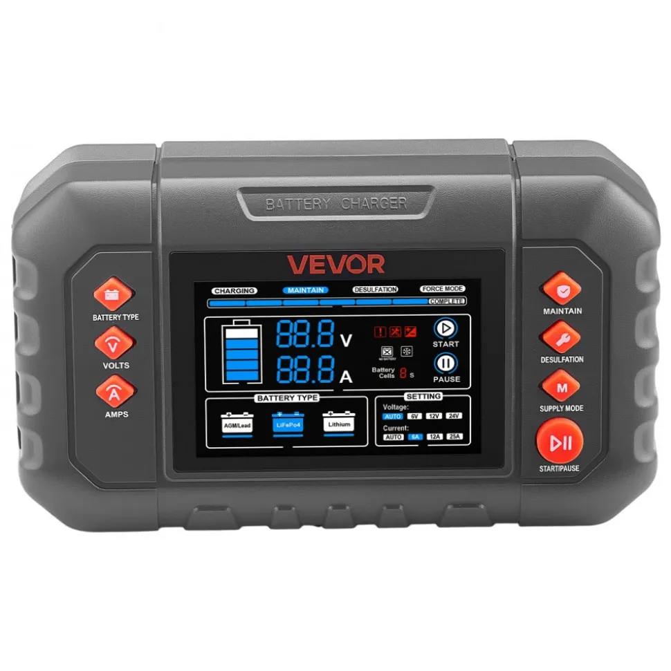 VEVOR Smart Battery Charger, 20A, 6V 12V 24V Lithium LiFePO4 Lead-Acid (Gel/AGM) Car Battery Charger, with LCD Display, Trickle Charging Maintainer Desulfator, for Car, Boat, Motorcycle, Lawn Mowers