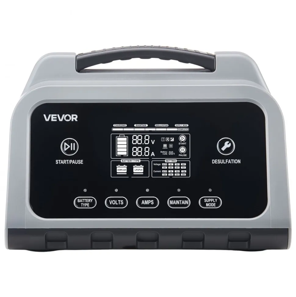 VEVOR Smart Battery Charger, 16A, 6V 12V 24V 36V 48V 60V 72V Lithium LiFePO4 Lead-Acid (Gel/AGM) Car Battery Charger, with LCD Display, Trickle Charging Maintainer Desulfator, for Car Boat Motorcycle