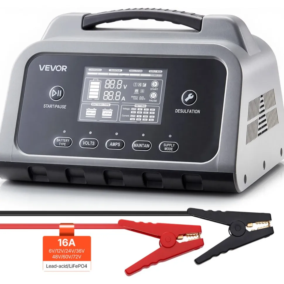 VEVOR Smart Battery Charger, 16A, 6V 12V 24V 36V 48V 60V 72V Lithium LiFePO4 Lead-Acid (Gel/AGM) Car Battery Charger, with LCD Display, Trickle Charging Maintainer Desulfator, for Car Boat Motorcycle