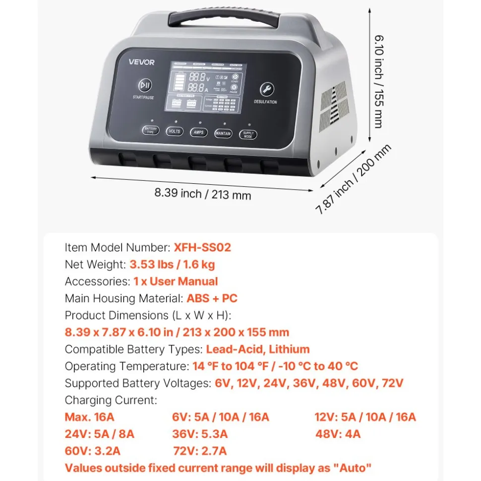 VEVOR Smart Battery Charger, 16A, 6V 12V 24V 36V 48V 60V 72V Lithium LiFePO4 Lead-Acid (Gel/AGM) Car Battery Charger, with LCD Display, Trickle Charging Maintainer Desulfator, for Car Boat Motorcycle