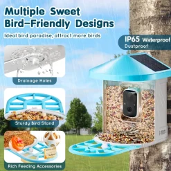 VEVOR Smart Bird Feeder with Camera, 2K HD AI Identify 10000+ Bird Species, Solar-Powered Bird Watching Camera with Auto Capture & Instant Notify, Wireless Outdoor Gift for Bird Lover (2 Solar Panels)