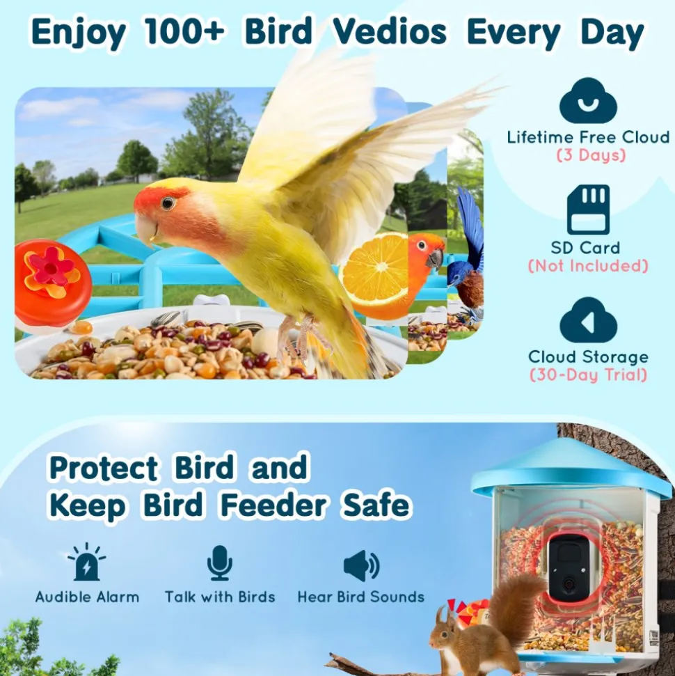 VEVOR Smart Bird Feeder with Camera, 2K HD AI Identify 10,000+ Bird Species, Solar-Powered Bird Watching Camera with Auto Capture & Instant Notify, Wireless Outdoor Ideal Gift for Bird Lovers (Green)