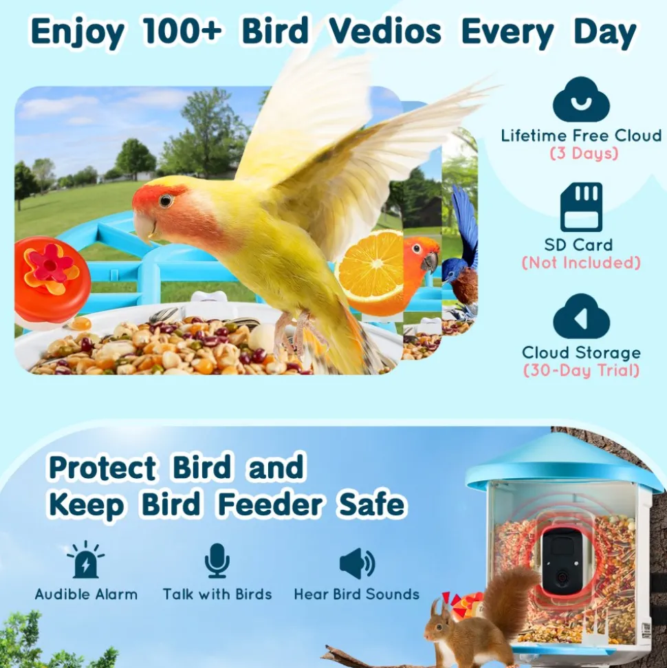VEVOR Smart Bird Feeder with Camera, 2K HD AI Identify 10000+ Bird Species, Solar-Powered Bird Watching Camera with Auto Capture & Instant Notify, Wireless Outdoor Gift for Bird Lover (3 Solar Panels)