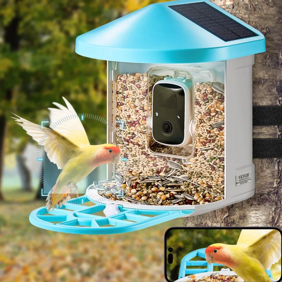 VEVOR Smart Bird Feeder with Camera, 2K HD AI Identify 10000+ Bird Species, Solar-Powered Bird Watching Camera with Auto Capture & Instant Notify, Wireless Outdoor Gift for Bird Lover (3 Solar Panels)