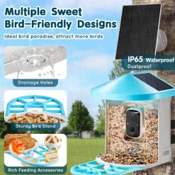 VEVOR Smart Bird Feeder with Camera, 2K HD AI Identify 10000+ Bird Species, Solar-Powered Bird Watching Camera with Auto Capture & Instant Notify, Wireless Outdoor Gift for Bird Lover (3 Solar Panels)