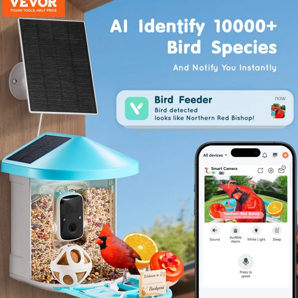 VEVOR Smart Bird Feeder with Camera, 2K HD AI Identify 10000+ Bird Species, Solar-Powered Bird Watching Camera with Auto Capture & Instant Notify, Wireless Outdoor Gift for Bird Lover (3 Solar Panels)