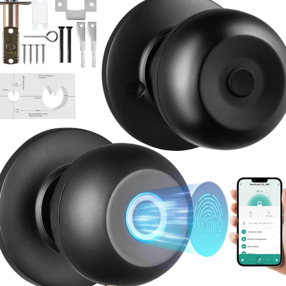 VEVOR Smart Door Knob, Biometric Door Lock Bluetooth Smart Lock, Fingerprint Smart Lock with APP Control, Easy Installation Door Lock, for Home Bedrooms, Cloakroom, Hotels, Apartments Offices, Black