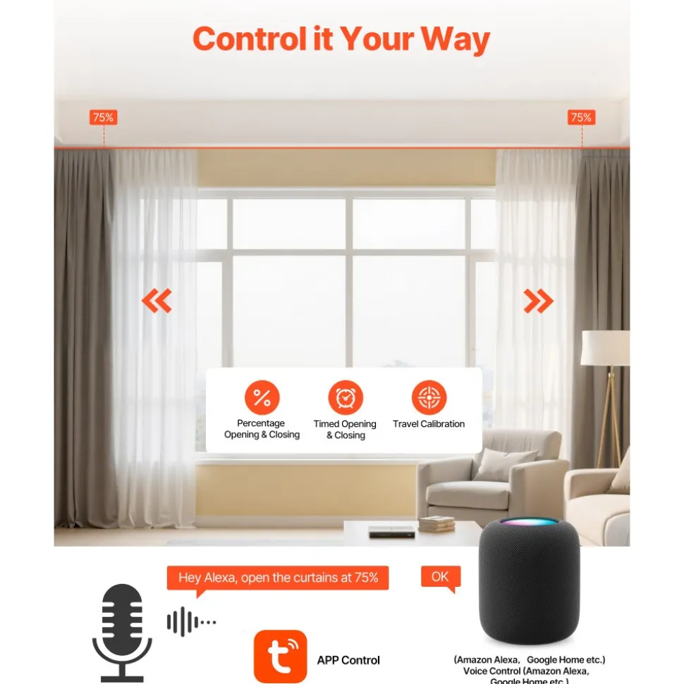 VEVOR Smart Electric Curtain Track, 71-118 inch Adjustable Length, Motorized Rod with Remote, Ceiling and Wall Mount, Automated Curtain Track System Compatible with Alexa, Google Home, App Control