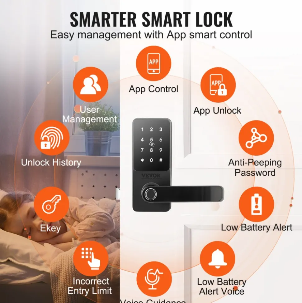 VEVOR Smart Lock, 5-in-1 Smart Door Knob, Fingerprint Deadbolt with App Control, Bluetooth Smart Lock, Keyless Entry Door Lock with Handle, Biometric Door Lock, Keypad Digital Door Lock for Front Door