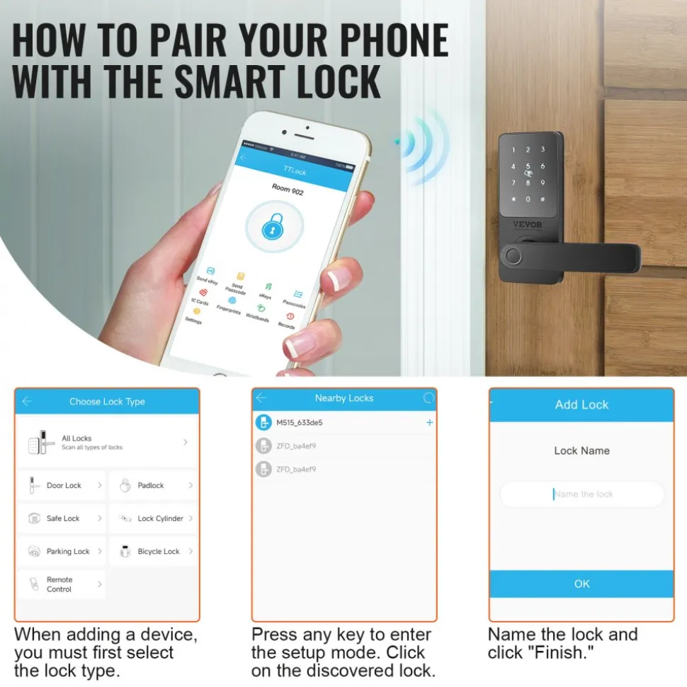 VEVOR Smart Lock, 5-in-1 Smart Door Knob, Fingerprint Deadbolt with App Control, Bluetooth Smart Lock, Keyless Entry Door Lock with Handle, Biometric Door Lock, Keypad Digital Door Lock for Front Door